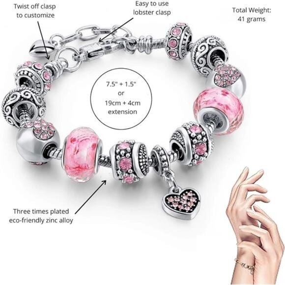 2 Pack Charm Bracelets Pink and Gold Heart Silver Plated Charm Bracelet, - Picture 2 of 7